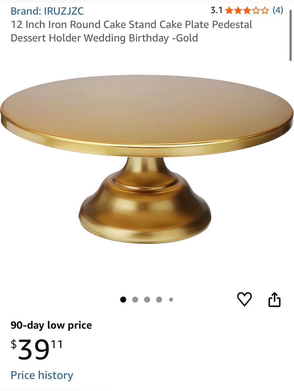 **NIB** Gold Round Pedestal Cake Stand